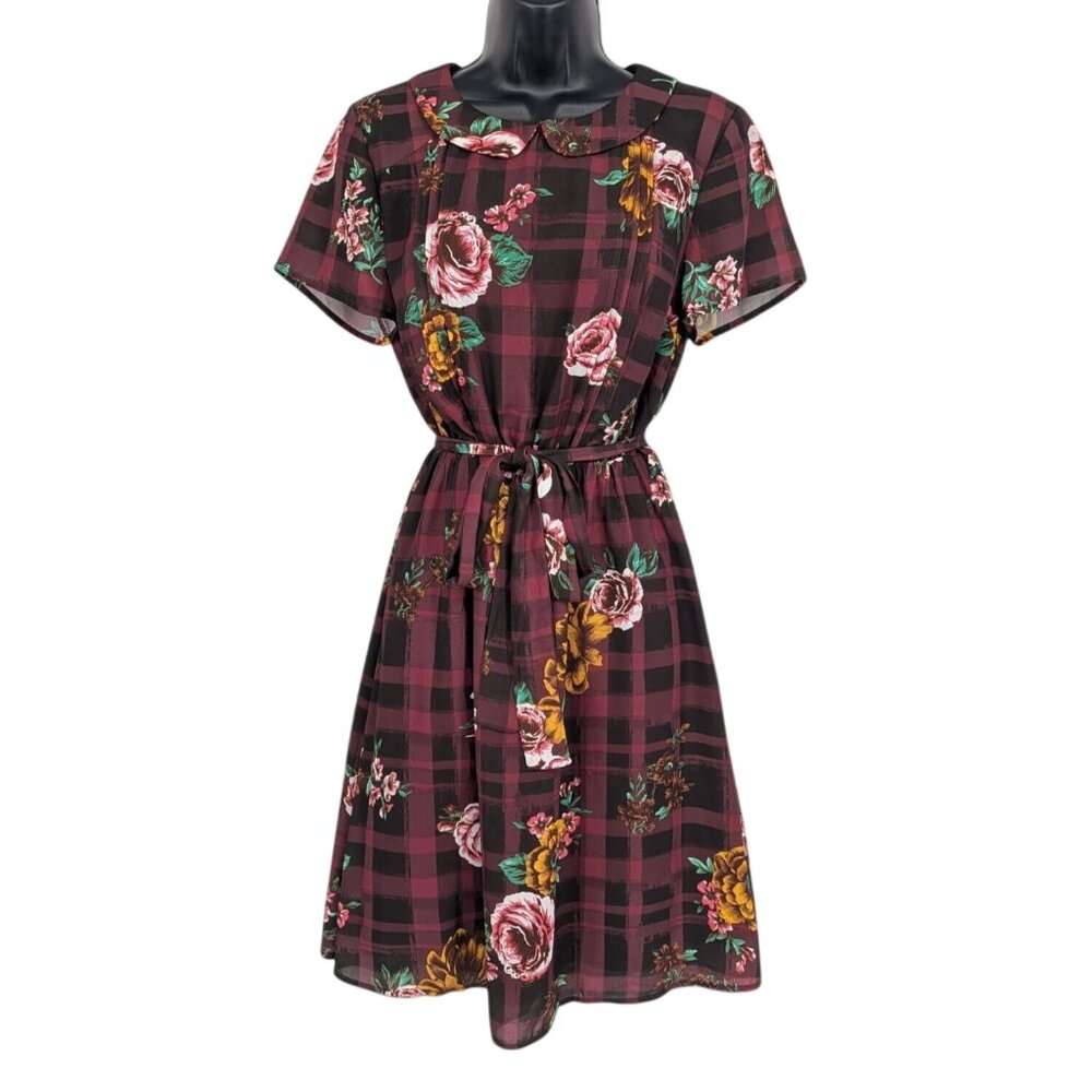Modcloth Dress Floral Plaid Fit Flare Dress Peter Pan Collar Academia Size M